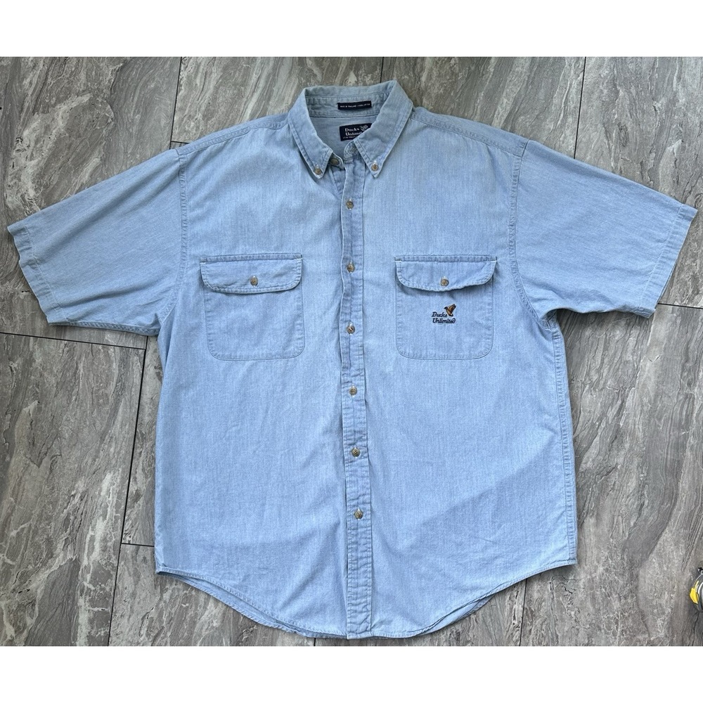 Ducks Unlimited Mens Light Blue Short Sleeve Button Up Fishing Shirt Size L